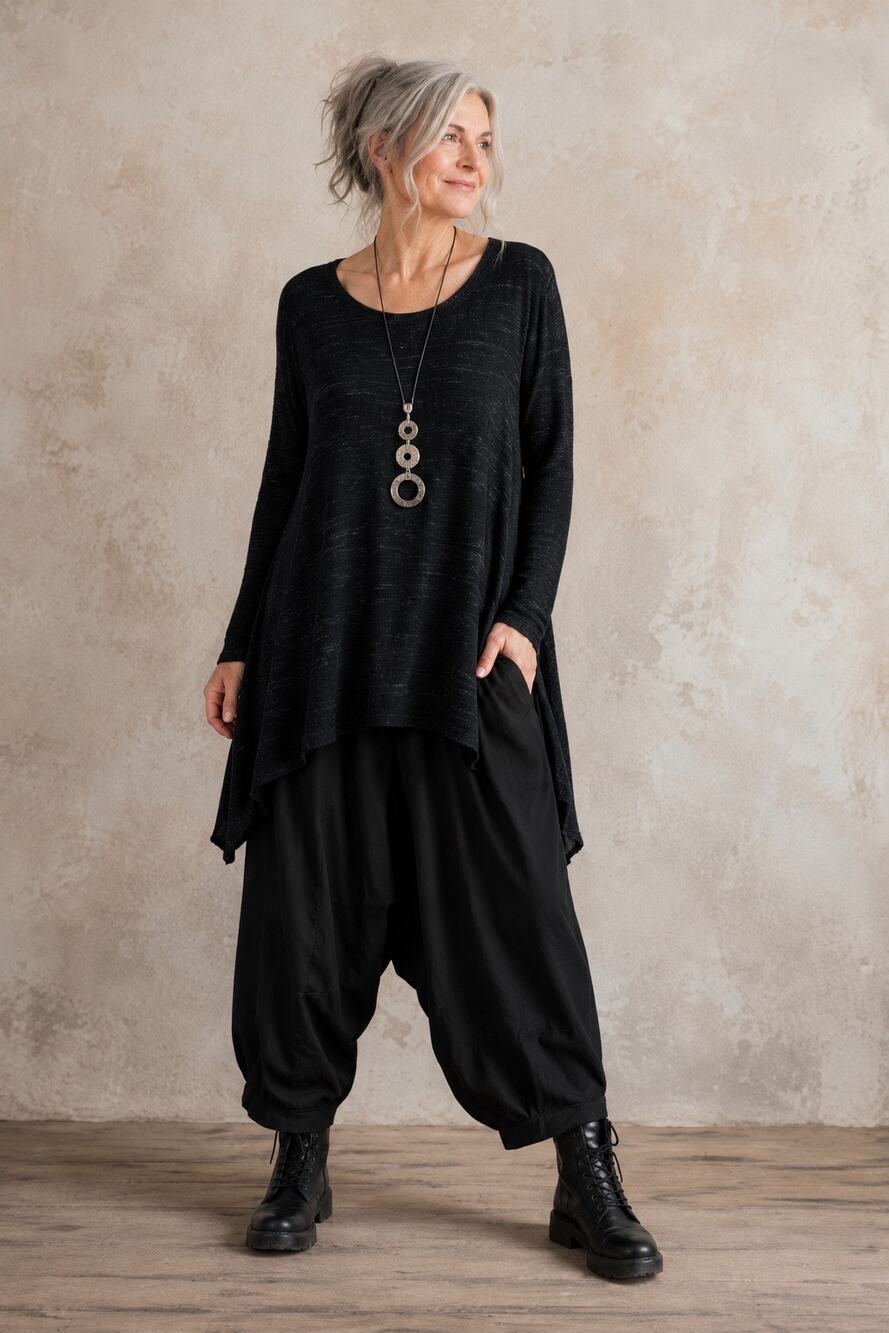 Cut Loose ribbed knit tunic top asymmetric high-low curved hemline LG Lagenlook